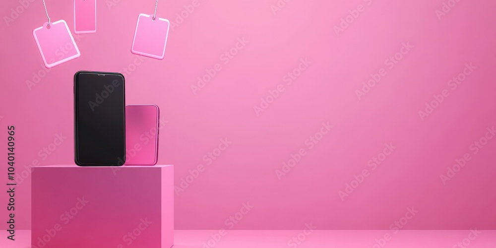 Two smartphones on a pink pedestal with hanging tags, modern design concept. Two smartphones on a pink pedestal with hanging tags, modern design concept.
