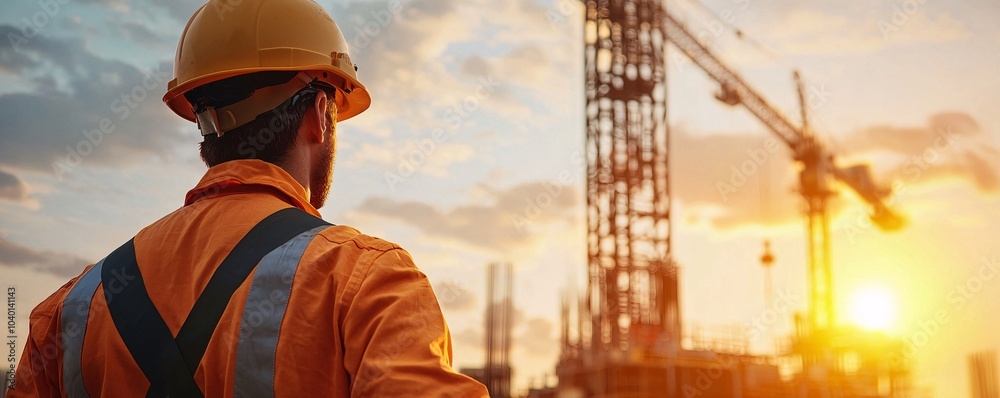 Construction Worker Battling Heatwave - Sun Glare Over Cranes and Safety Gear on a Busy Job Site