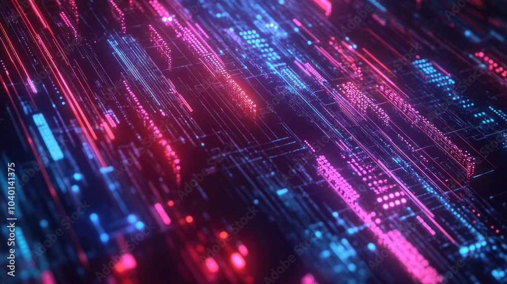 Fototapeta premium Glowing data nodes interconnected by neon light streams, floating on a tech background