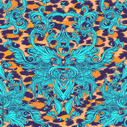 Baroque neon colored seamless pattern over leopard or cheetah skin titled background, fancy animal fur and glamorous elements, vector illustration. Luxury concept. Fabric design, wrapping paper