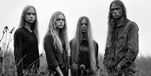 Black-and-white photograph of four young adult Swedish people with long hair wearing dark , standing in the middle of tall grass.