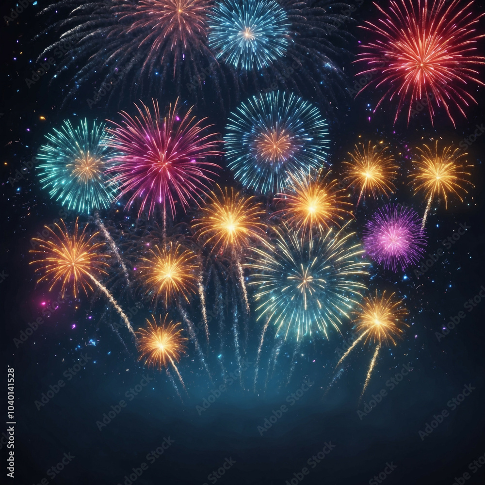 Naklejka premium Colorful fireworks explode in the night sky on New Year's Eve