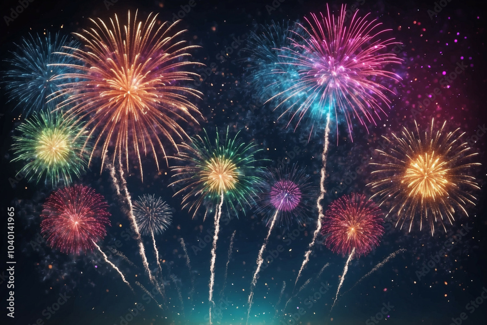 Naklejka premium Colorful fireworks display illuminates the night sky during New Year's Eve celebration