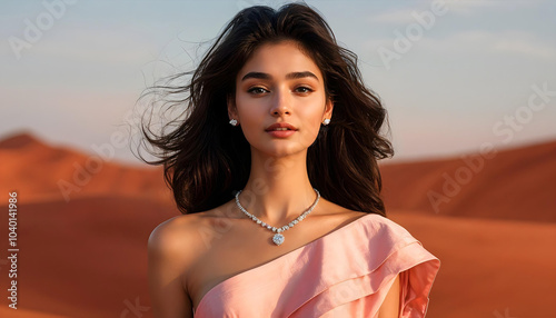 Elegant Indian Model in the Desert Wearing a Diamond Necklace generative ai