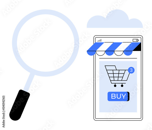 Large magnifying glass beside mobile device displaying shopping cart with products and prominent buy button below. Ideal for online retail e-commerce digital shopping purchase technology. Clean