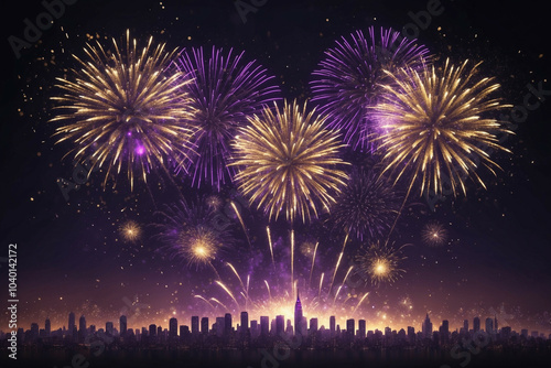 Golden and violet fireworks explode over a city skyline during New Year's Eve