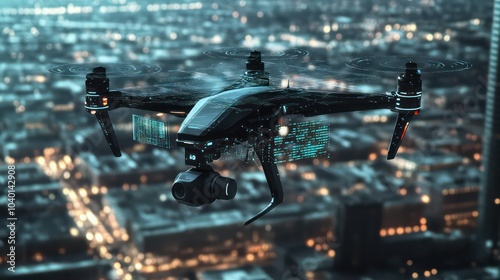 Futuristic AI Drone with Advanced Cyber Technology and Digital Interface in Urban Skies – High-Tech Surveillance Aircraft photo