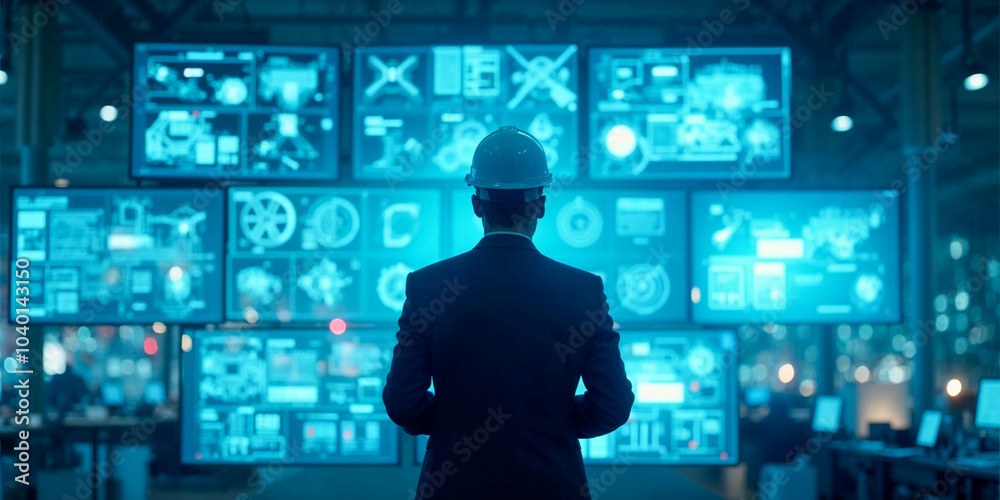 Engineer Overseeing Digital Blueprints and Industrial Automation Engineer Overseeing Digital Blueprints and Industrial Automation