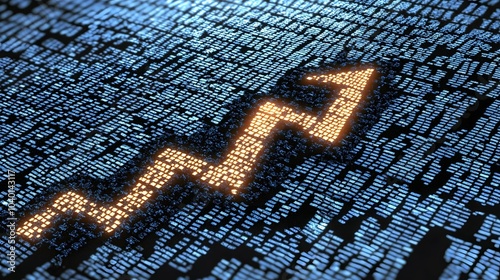 High-resolution close-up of a report chart featuring a large, bold arrow down symbol, glowing beneath a declining trend line, symbolizing market contraction photo