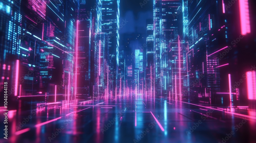 High-tech holographic design with neon light streams on a dark tech background High-tech holographic design with neon light streams on a dark tech background