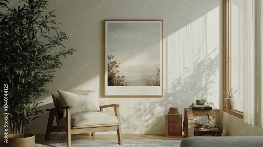 Frame mockup, ISO A paper size. Living room wall poster mockup. Interior mockup with house background. Modern interior design. 3D render