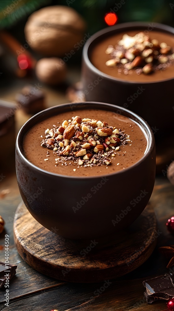 A rich chocolate drink topped with nuts and chocolate shavings, set in a cozy atmosphere. A rich chocolate drink topped with nuts and chocolate shavings, set in a cozy atmosphere.