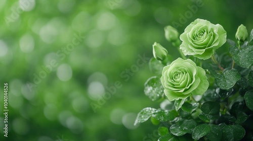 Fototapeta Naklejka Na Ścianę i Meble -  Lush green roses glistening with dew in a vibrant garden