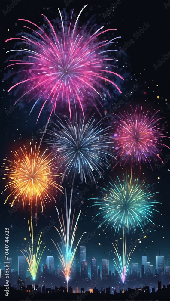 Fototapeta premium Colorful fireworks light up the night sky over a city skyline on New Year's Eve