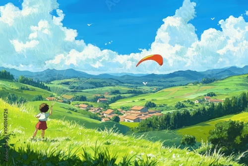 a painting of a girl flying a kite in a field