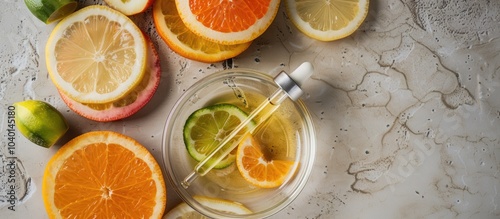 Top view of a petri dish with sliced citrus fruits a beauty serum dropper filled with fruit acids and vitamin C offering copy space image for natural anti aging skin care and antioxidant face serum s photo