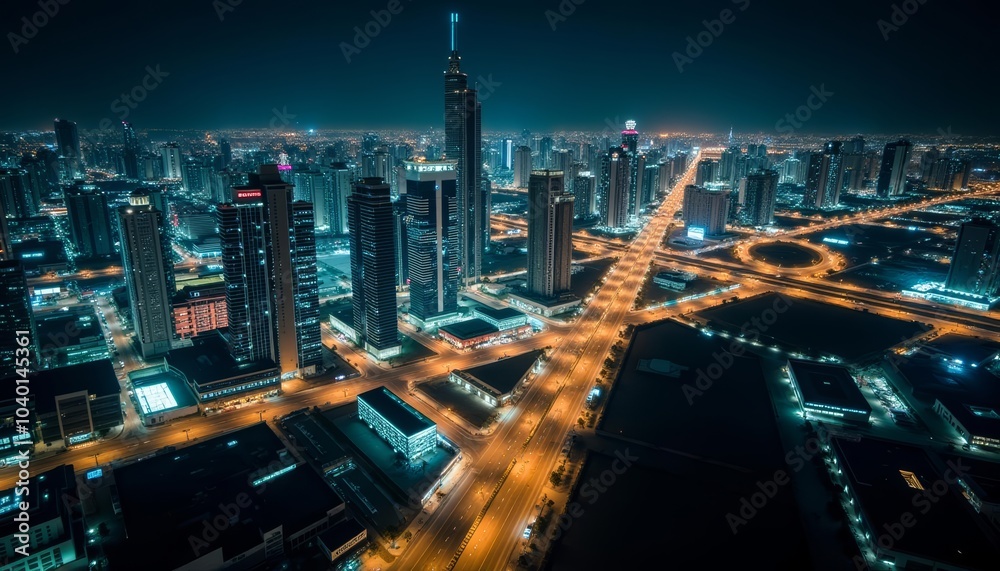 Fototapeta premium Vibrant cityscape at night illuminated by the glow of streetlights and buildings
