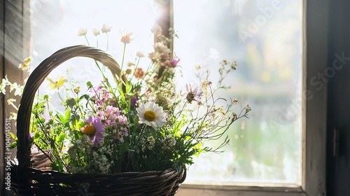 Beautiful Fresh Flowers in Wicker Basket with Sunlight Streaming Through Window