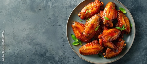 Plate of sweet chili sauce coated baked chicken wings with copy space image