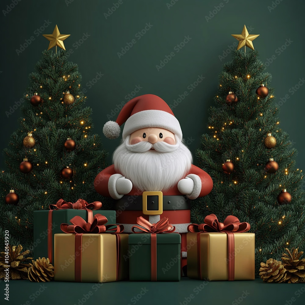 3D Cheerful Santa with Gifts and Festive Trees 3D Cheerful Santa with Gifts and Festive Trees