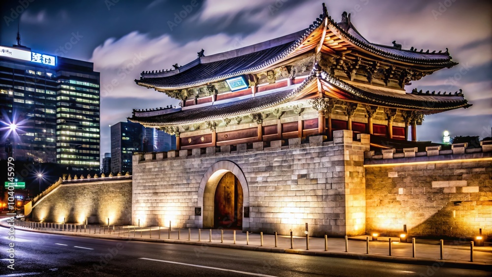 Obraz premium Namdaemun Gate Nightscape - Low Light Photography of Seoul's Historic Fortress