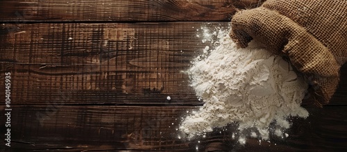 Sorghum flour from jute bag spilled on dark wood top view with copy space image photo