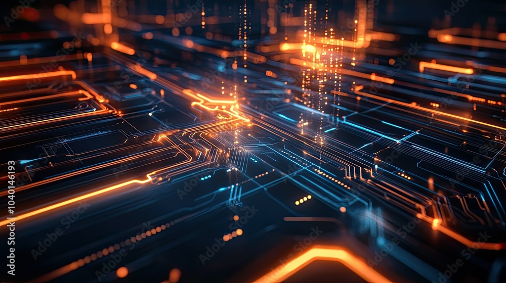 Intersecting digital paths and glowing data points on a futuristic tech background Intersecting digital paths and glowing data points on a futuristic tech background