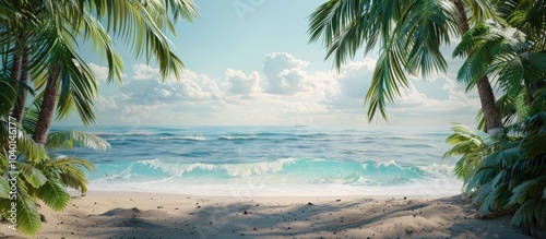 Fototapeta Naklejka Na Ścianę i Meble -  Sandy beach with palm trees framing a peaceful seascape creating a serene tropical copy space image
