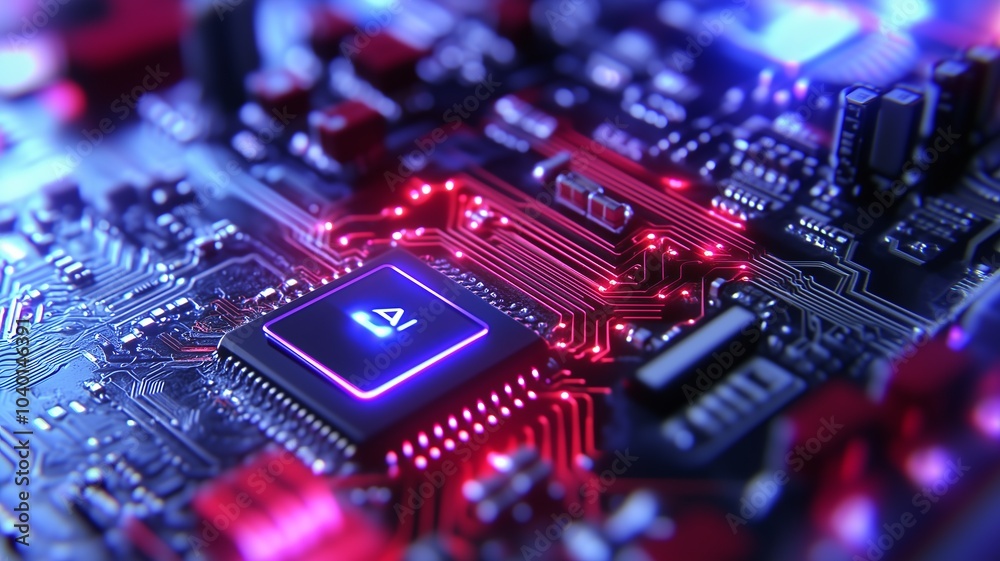 Closeup of a circuit board with glowing red and blue lights Closeup of a circuit board with glowing red and blue lights