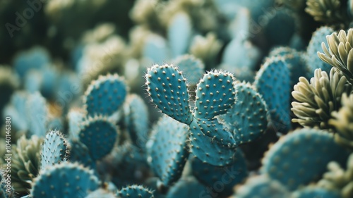 Close-up of prickly pear cactus with soft green tones