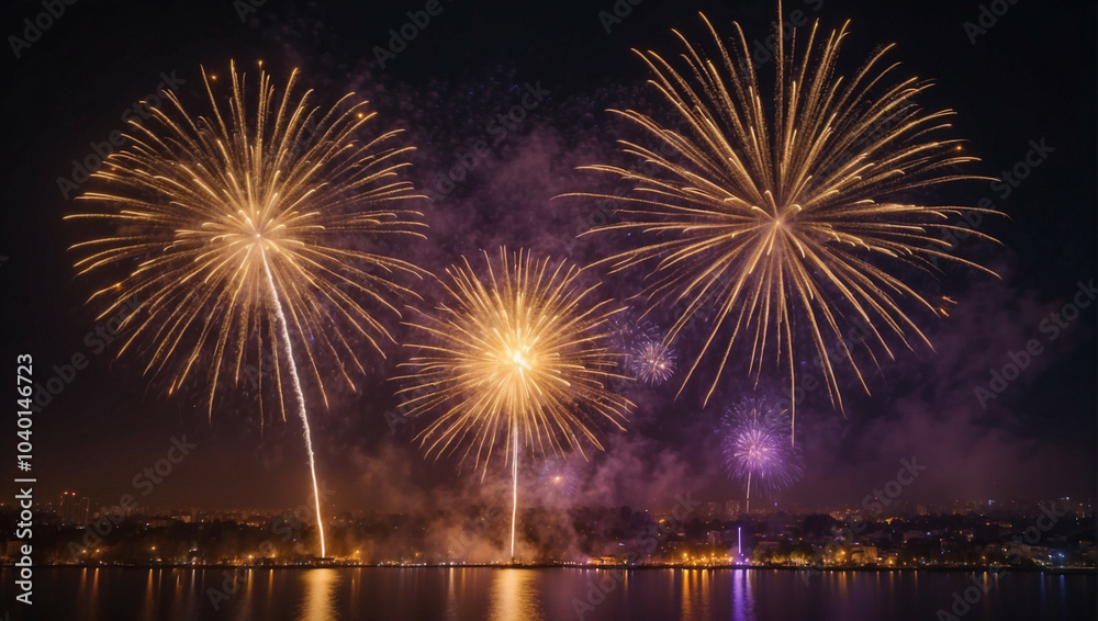 Spectacular gold and dark violet fireworks illuminate the night sky on New Year's Eve Spectacular gold and dark violet fireworks illuminate the night sky on New Year's Eve