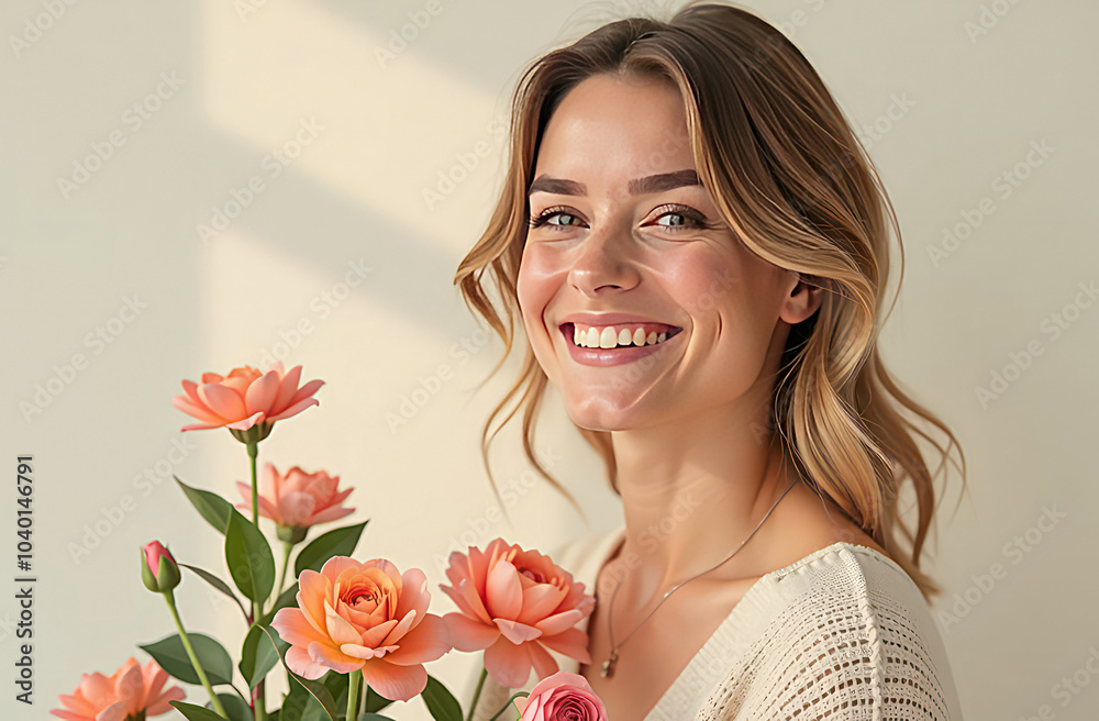 Smiling Woman with flowers on light background with empty space from left Smiling Woman with flowers on light background with empty space from left
