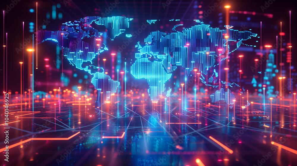 Naklejka premium Luminous digital map of the world showcasing global interconnectivity and data flow within a captivating futuristic landscape. Background for a wallpaper