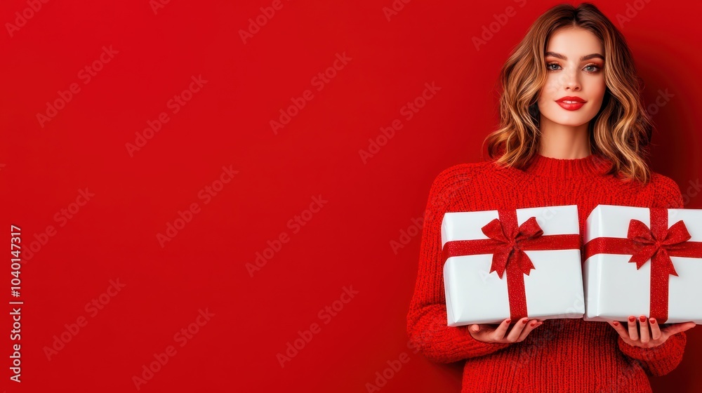 Fototapeta premium Close-up of a woman in a red dress holding silver and red Christmas presents against a solid red backdrop.