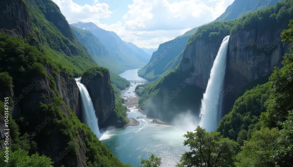 Epic Waterfall in a Mountainous Valley Epic Waterfall in a Mountainous Valley