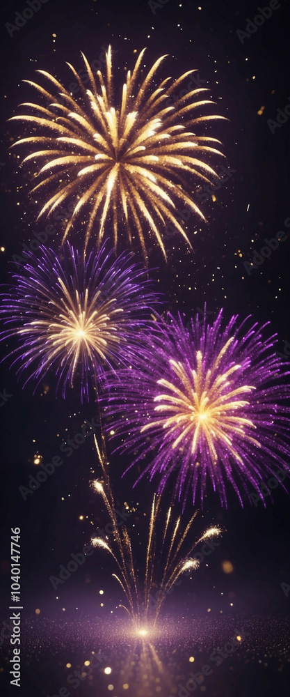 Naklejka premium Golden and violet fireworks light up the night sky