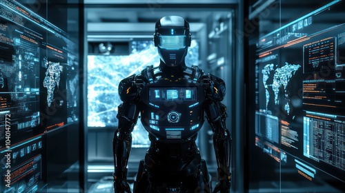 Futuristic AI Robot with Digital Wireframe and Glowing Eyes – High-Tech Cyber World Concept