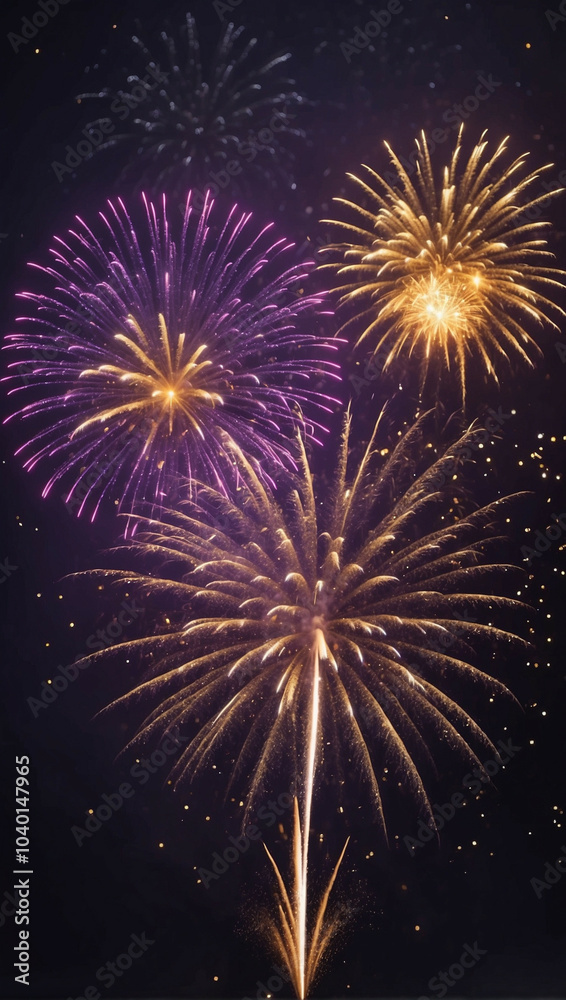 Spectacular gold and dark violet fireworks illuminate the sky on New Year's Eve