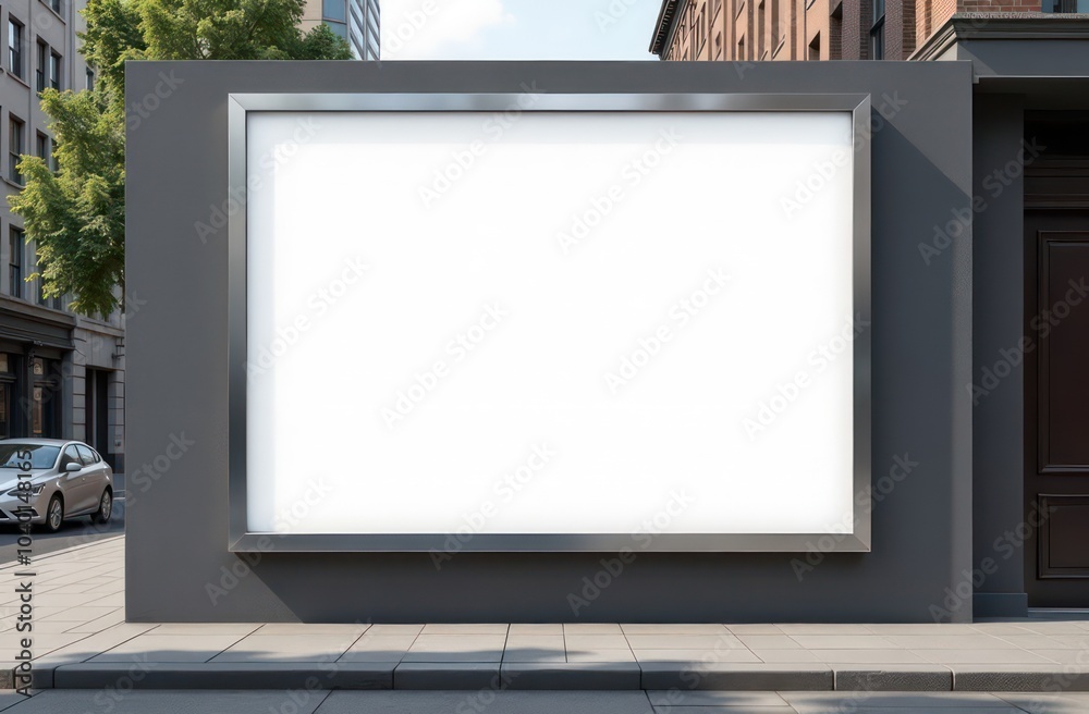 A realistic urban scene featuring a large white poster. A large poster white with nothing inside A realistic urban scene featuring a large white poster. A large poster white with nothing inside