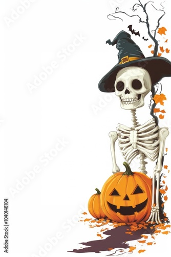 Halloween holiday background template with carved pumpkin skeleton and copy space