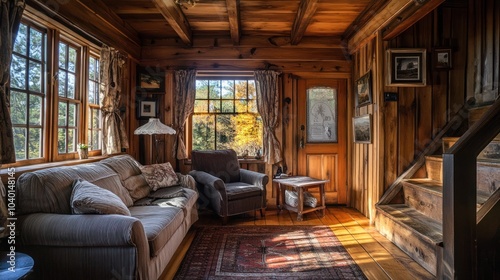 Cozy wooden living room with natural light and rustic decor.