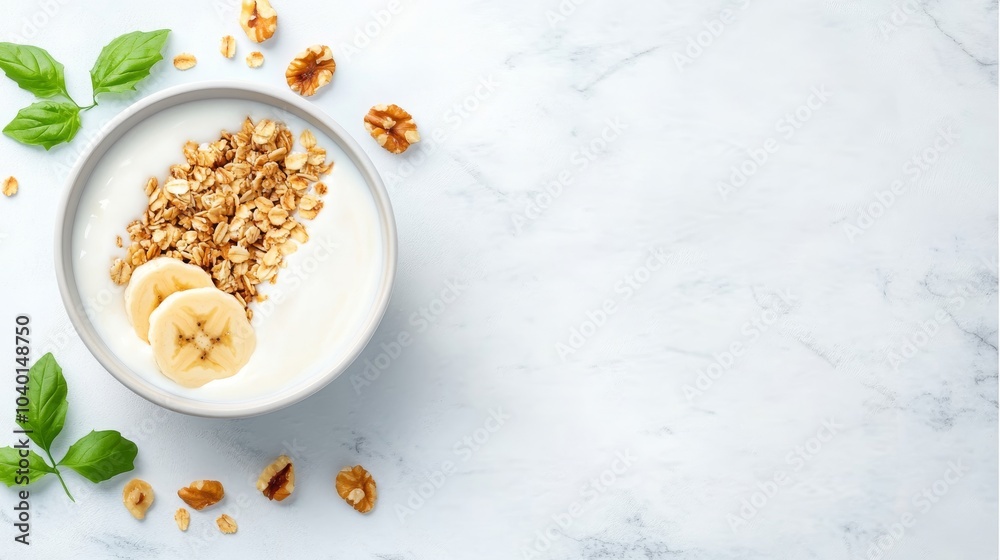 Healthy breakfast bowl with yogurt, granola, and banana slices Healthy breakfast bowl with yogurt, granola, and banana slices