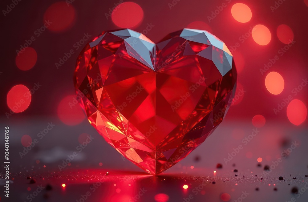 Volumetric transparent glass red heart, consisting of many facets, glowing from the inside, on a festive background Volumetric transparent glass red heart, consisting of many facets, glowing from the inside, on a festive background