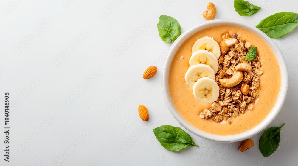 Healthy smoothie bowl topped with fruits and nuts Healthy smoothie bowl topped with fruits and nuts