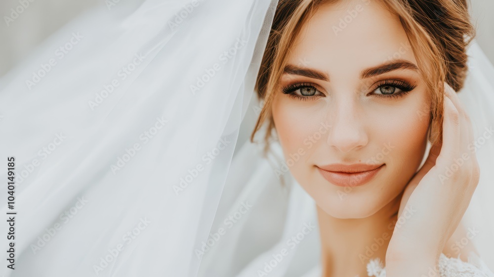 Close-up of bride's face with flowing veil. Concept: timeless beauty and bridal elegance.