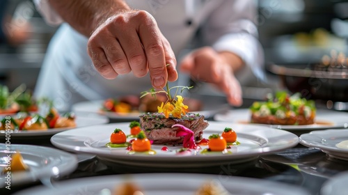A close-up shot of a chef delicately placing edible flowers on a gourmet dish, showcasing fine dining presentation and culinary artistry.