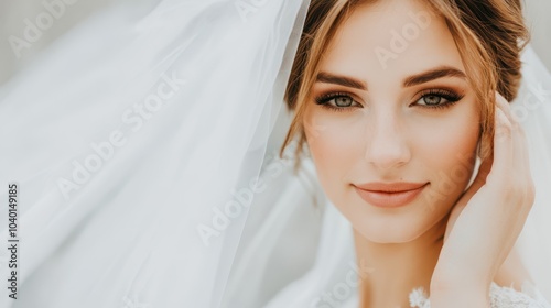 Close-up of bride's face with flowing veil. Concept: timeless beauty and bridal elegance.