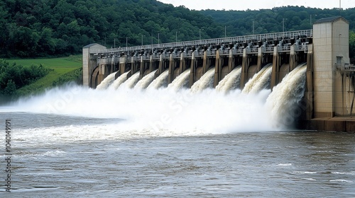 Water rushing over a large dam with a powerful force