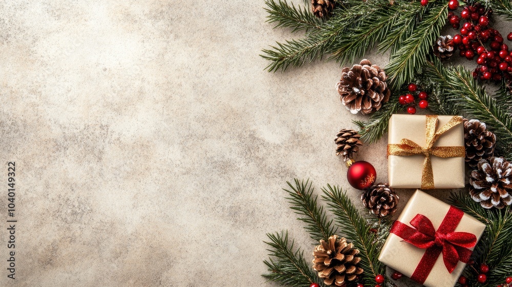 A beautifully arranged flat lay featuring golden gifts, Christmas decorations, and pinecones, perfect for New Year celebrations A beautifully arranged flat lay featuring golden gifts, Christmas decorations, and pinecones, perfect for New Year celebrations