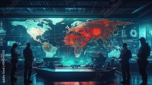 High-Tech War Room with Global Map Interface – Strategic Cyber Warfare and Intelligence Operations